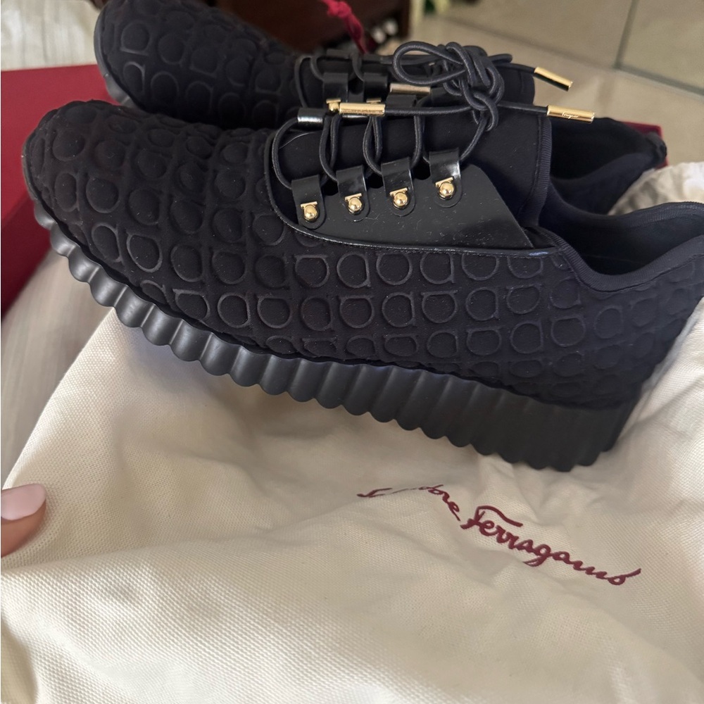 Salvatore Ferragamo Black Quilted Sneakers with Gold Accents